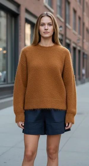 NWOT On 34th Fuzzy Boucle Crewneck Sweater Camel/Rust Size Small Wool Blend thumbnail 1