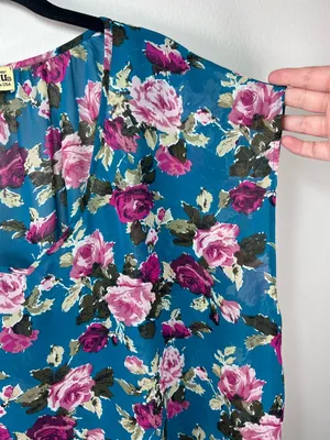 Show Me Your Mumu Floral Blouse Tunic Teal Semi Sheer Romantic Whimsical USA Lg thumbnail 4