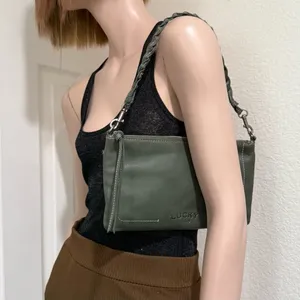 LUCKY BRAND Olive Green Genuine Leather Woven Strap Wristlet Mini Shoulder Bag thumbnail 2