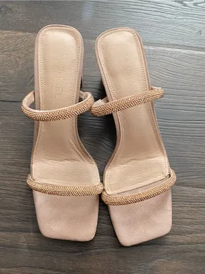 Blush Nude Slide Heels with Rose Gold Embellished Straps Size 9 thumbnail 1