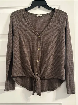 Sienna Sky Dark Green Waffle-Knit Button-Front Tie Hem Top thumbnail 3