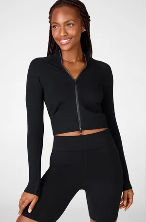 Fabletics Black Cropped Zip-Up Bomber Jacket - Women thumbnail 1