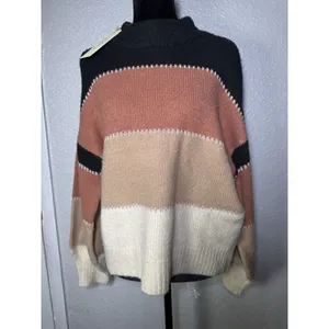 Elan Womens Striped Colorblock Mock Neck Knit Pullover Sweater Size S thumbnail 2