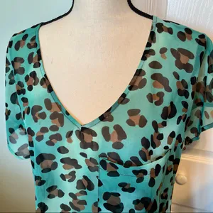 Show Me Your MuMu Womens Size Small Teal‎ Leopard Cheetah Short Sleeve Top Sheer thumbnail 7