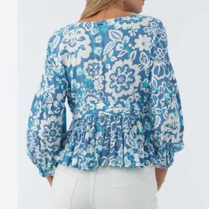 O'Neill Mary Christina Floral Cropped Boho Beach Top Blue Top size L thumbnail 4