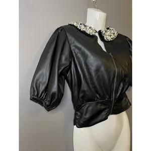 Maeve Blouse Womens XS Black Faux Leather Pearl Beaded Collar Cropped Zip Top thumbnail 4