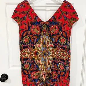 Maeve Red Multicolor Boho Festival Sheath Mini Small Dress V-Neck Short Sleeve thumbnail 2