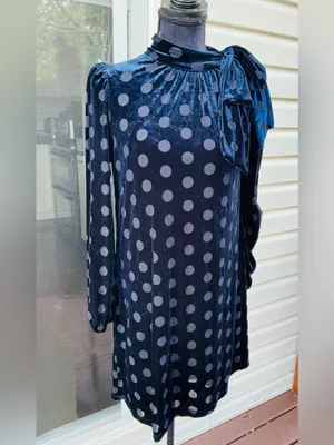 Calvin Klein Navy Velvet Polka Dot Tie-Neck Long Sleeve Dress🥀 thumbnail 3