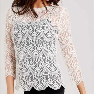 NWT Altar’d State Grace Lace Blouse Small Ivory Sheer Scalloped Romantic Top thumbnail 9