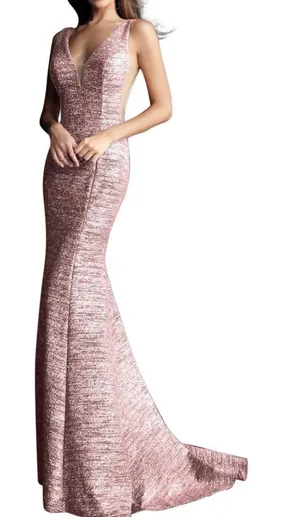 NWT Jovani 45811 Glitter Plunging V-Neck Mermaid Prom Gown Rose Gold Size 2 thumbnail 1