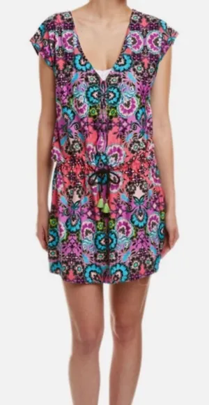 Nanette Lepore Swim Floral Paisley Cover Up Dress Pink Turquoise Small Y2K boho thumbnail 1