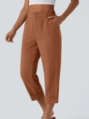 NWOT Halara women’s High Waisted Zipper Pocket Cropped Linen-Feel Pants rust thumbnail 1