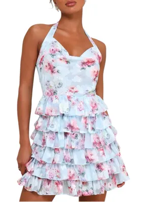 Lulus Trending Adorable Light Blue Floral Tiered Halter Mini Chiffon Dress sz L thumbnail 1