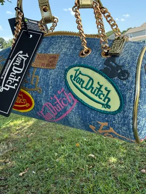 NWT Von Dutch Denim Logo Patch Barrel Bag Gold Chain Y2K McBling Shoulder Purse thumbnail 3