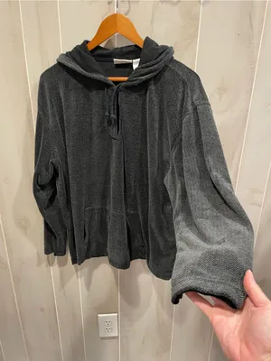 Liz Claiborne Cute charcoal gray velour soft casual herringbone hoodie sweatshirt pocket thumbnail 4