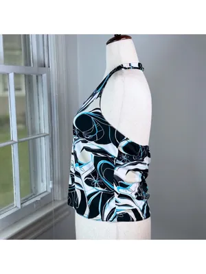 Y2K Vintage Halter Top Blue Black Floral Abstract Swirls Small McBling Going Out thumbnail 2