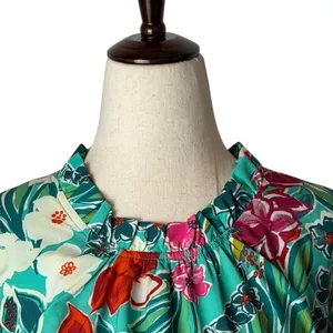 THML Dress Women XL Green Floral Puff Sleeve Ruffle Neck Tiered Mini Bohemian‎ thumbnail 2
