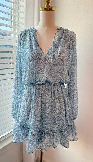 GB Blue Floral Long Sleeve Mini Dress Ruffle Hem Tie Neck thumbnail 1
