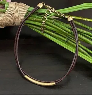 LUCKY BRAND Dark Brown Double Leather With Gold Bar Choker Necklace thumbnail 1