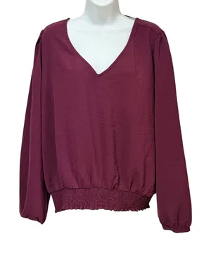 Mine Britton Womens XL Burgundy V-Neck Smocked Hem Tie Back Blouse WTP120569-SF thumbnail 1