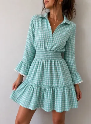 Walker & Wade MIa Mint Green Gingham Smocked‎ Mini Dress XS Cottagecore Coastal thumbnail 1