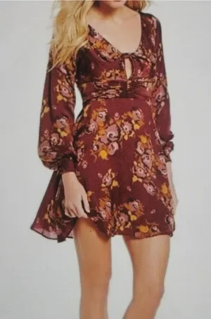 Free People Mini Dress Floral Print Long Sleeve Maroon Size 6 thumbnail 1