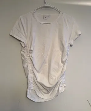 Tna Aritzia White Side Ruched‎ Short Sleeve T-Shirt Crewneck Top Large thumbnail 1