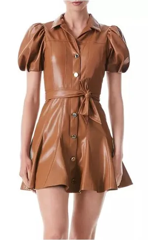 Alice + Olivia Women’s Ofra Vegan Leather Mini Dress Brown Size 8 thumbnail 1