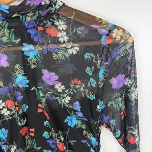 Alice + Olivia Delora Floral Black Mesh Ruched Turtleneck Dress Size 4 Romantic‎ thumbnail 3