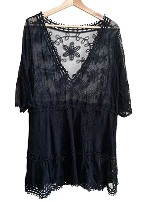 Unbranded Sheer Floral Lace Tunic Plus Size Black Women V-Neck Embroidered thumbnail 1
