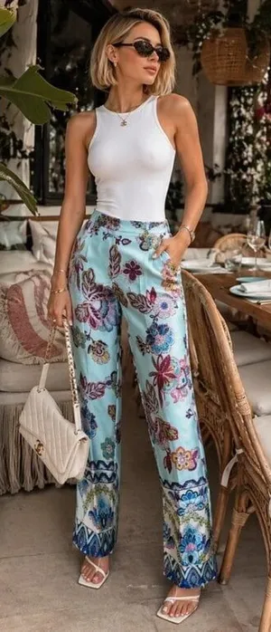 NWT Zara printed blue floral pants with an elastic waistband. Size Small thumbnail 1