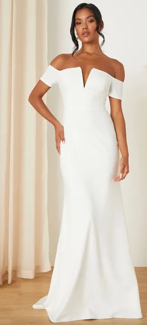 NEW Lulus Loveliest Aura White Off-the-Shoulder Mermaid Maxi Dress Wedding XS thumbnail 1
