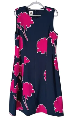 Anne Klein Dress‎ Navy Blue Pink Floral Scuba Sleeveless Sheath Womens Large thumbnail 1