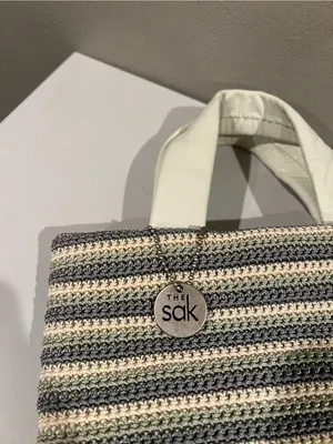 The Sak White Gray Seafoam Striped Crochet Tote Bag Leather Trim Mini Tote Purse thumbnail 5