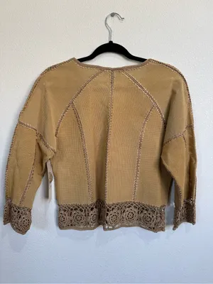 SMH Boutique Tan Perforated Leather Crochet Flower Jacket Boho Western NWT Small thumbnail 5