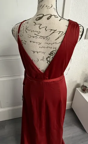 Lulus Poised Sophistication Rust Red Satin Wrap Maxi Dress - NWT - Size M - 63" Length thumbnail 8
