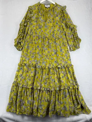ALEXIS Auja Floral‎ Print Crepe Midi Dress Ruffle Sleeve Tiered Yellow XS thumbnail 1