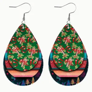 Set of 2 Christmas Teardrop Reversible PU Leather Hook Earrings C3, New! thumbnail 1