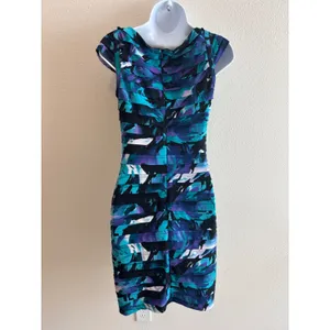 Adrianna Papell‎ Sheath Dress 6 Teal Purple Abstract Shutter Pleat Cocktail thumbnail 2