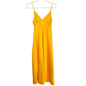 Abercrombie & Fitch Satin Midi Slip Dress Mustard Gold Bias Cut Ruched Bust XS thumbnail 4