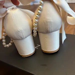 Azazie Cream Heels with Bow and Pearl Accent thumbnail 5