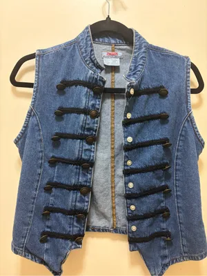 Vintage Military-Inspired Blue Denim Vest with Black Trim thumbnail 1