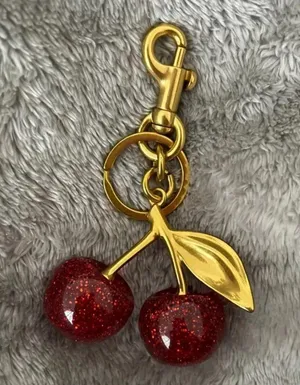New Heavy Cherry Red Bag Charm Key Chain Glitter Resin & Goldtone C-clasp thumbnail 1