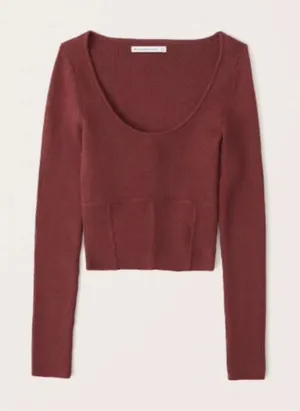 Abercrombie & Fitch Ribbed Corset Scoopneck Sweater Rust Brown Size L thumbnail 1