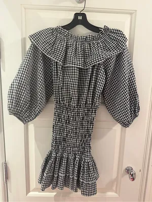 Black & White Gingham Ruffle Off-Shoulder Dress thumbnail 2