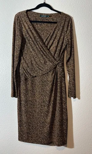 Lauren Ralph Lauren Size 10 Brown Snakeskin Print Faux-Wrap Long Sleeve Dress thumbnail 1