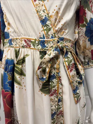 Farm Rio Floral Wrap Midi Dress in Cream with Blue & Red Blooms Size Small thumbnail 4