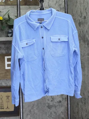 Anybody Womens Button Front Washed Waffle Knit Button Front Top French Blue M thumbnail 1