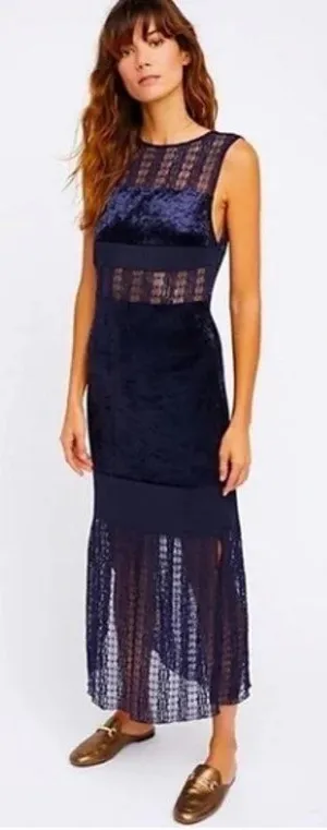 Free People Intimately Keep In Line Navy Crush Velvet Lace Boho Midi Maxi Dress thumbnail 1