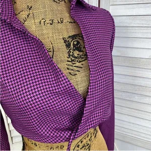 Zara Houndstooth Cropped Polo Top Purple Black‎ Small Long Sleeve Deep V-neck thumbnail 7